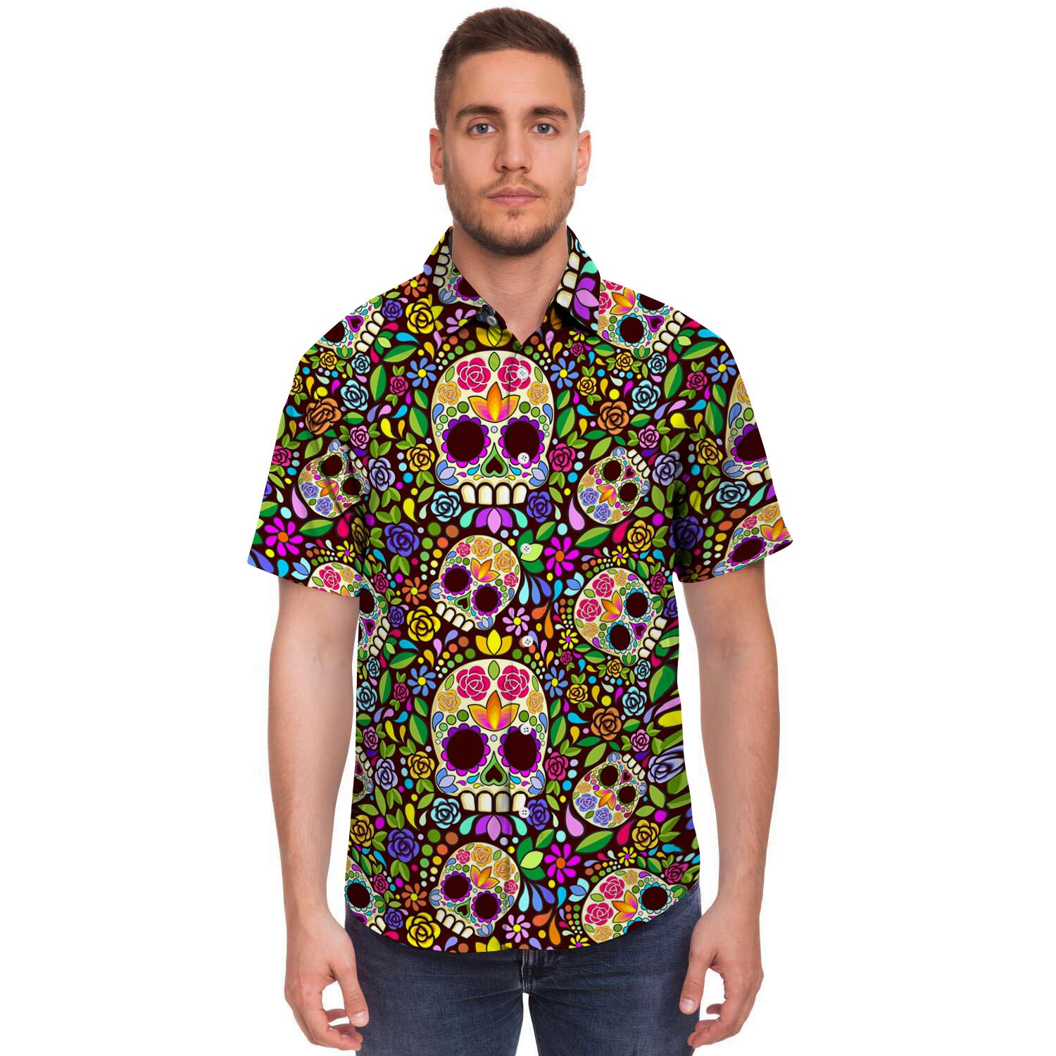 Sugar Skull Mexican Floral Men’S Short Sleeve Shirt