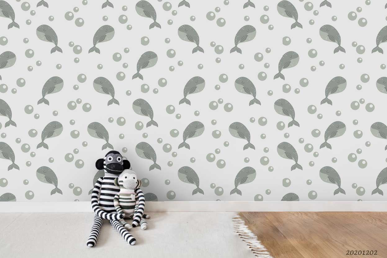 3D Cartoon Hand Drawn Grey Ocean Whale Bubble Pattern Wall Mural Wallpaper Lxl