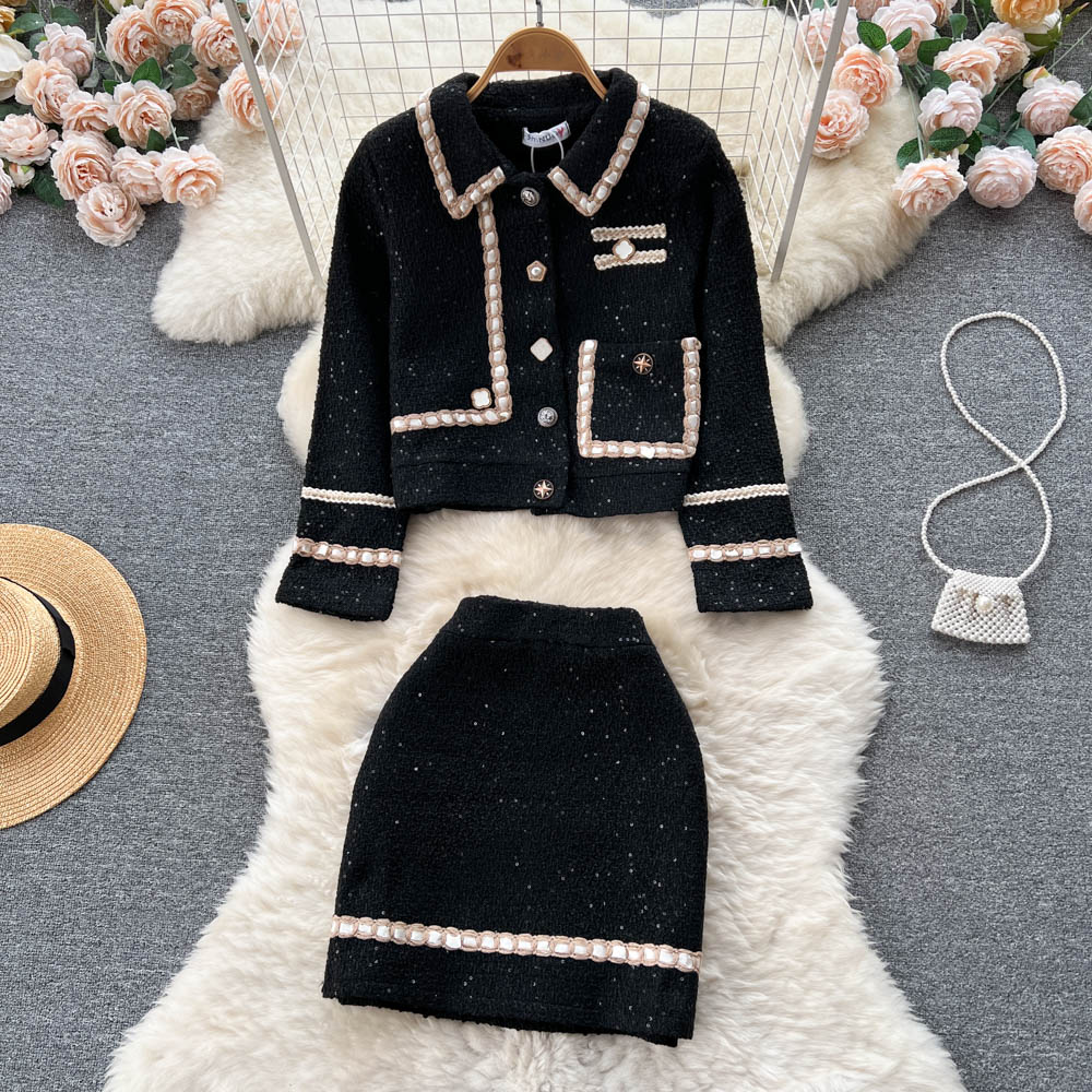 Tweed Two-piece Set for Autumn And Winter New Woolen Single-breasted Short Coat Top + High-waist Skirt Elegant 2-piece Set alx