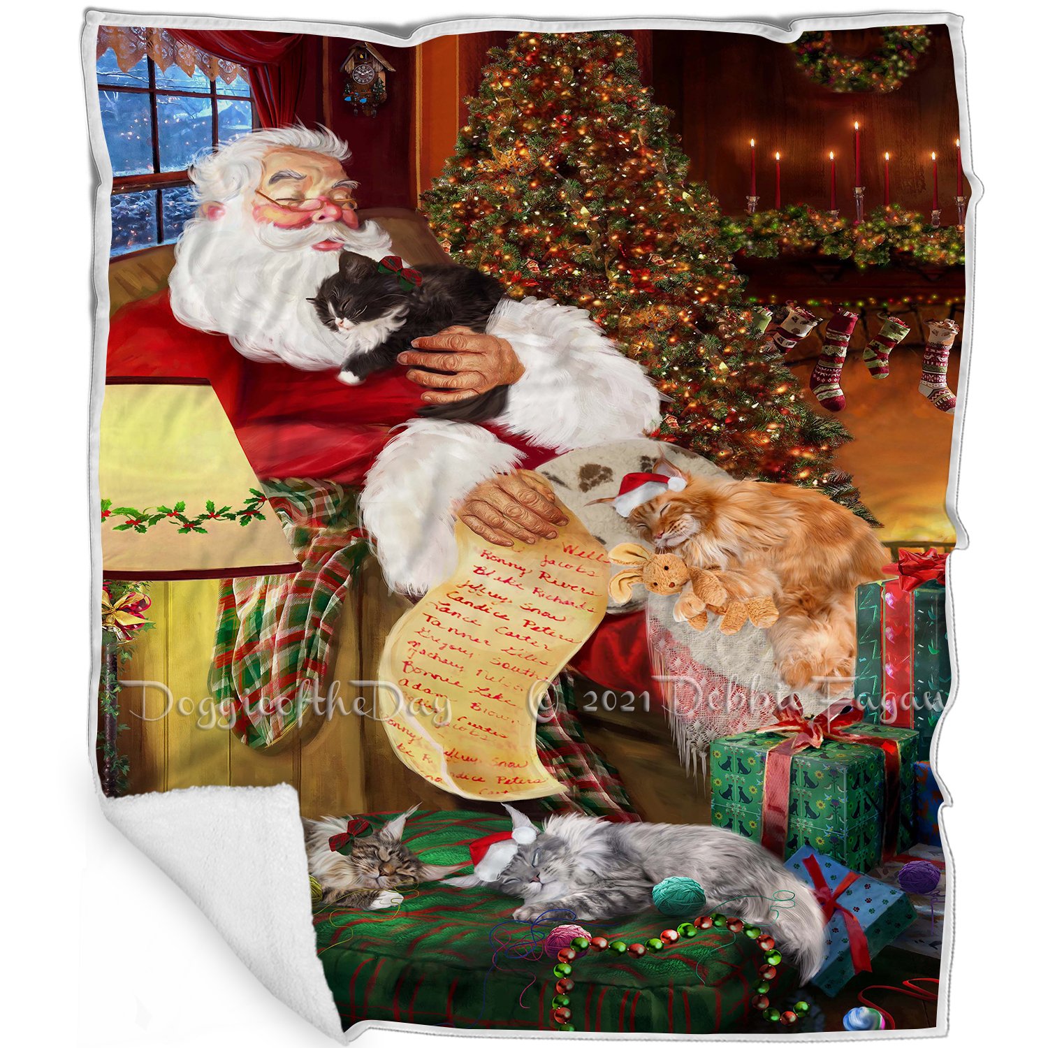 Maine Coon Cats And Kittens Sleeping With Santa Blanket