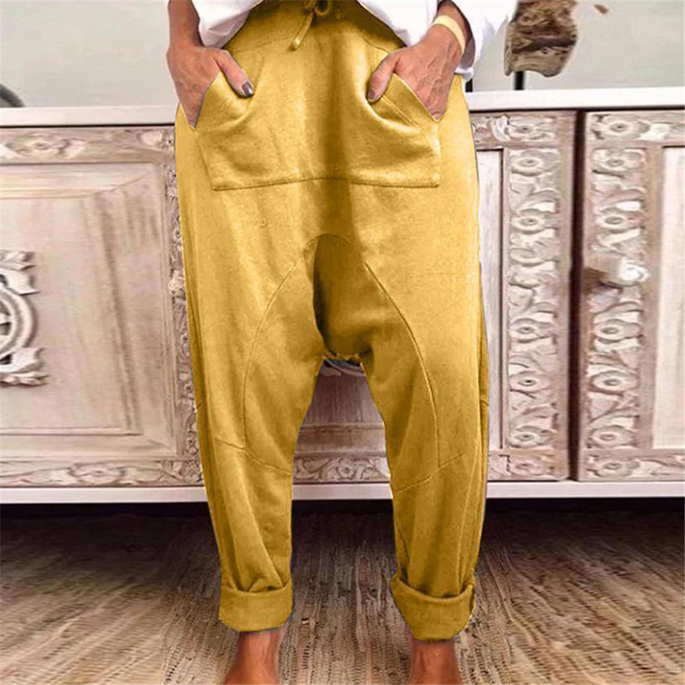 2021 Women Harem Pants Patch Big Pockets Drop Crotch Trousers Drawstring Oversized Wide Leg Pants Multicolor Sarouel Femme alx