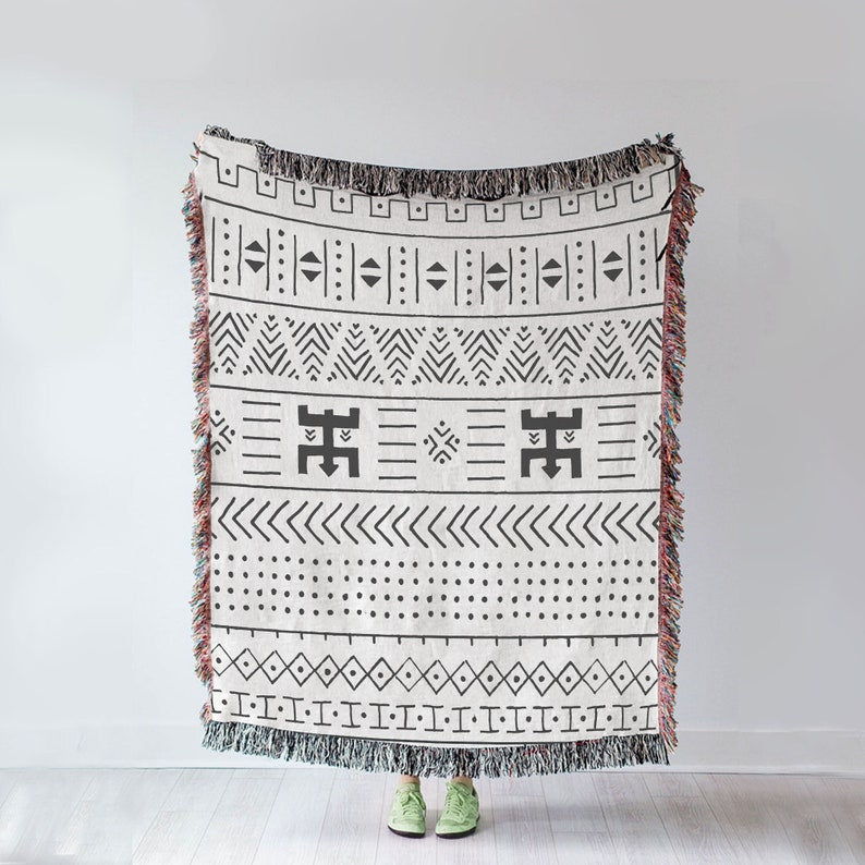 Aztec Pattern Black White Vintage Retro Style Couch Sofa Blanket,  Woven Throw Blanket Home Decor