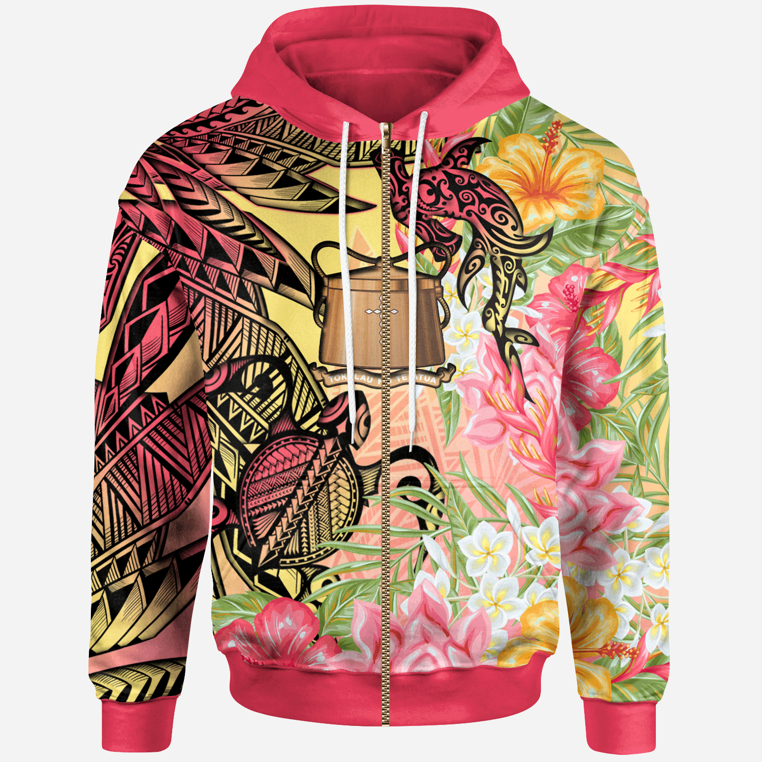 Tokelau Zip Hoodie – Flowers Tropical With Sea Animals- Pacific Print Hoodie