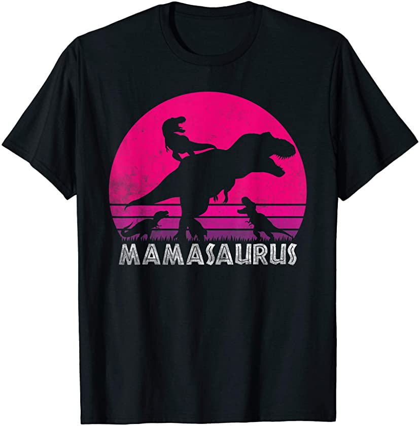 Vintage Retro 3 Kids Mamasaurus Sunset Funny Gift For Mother T-Shirt