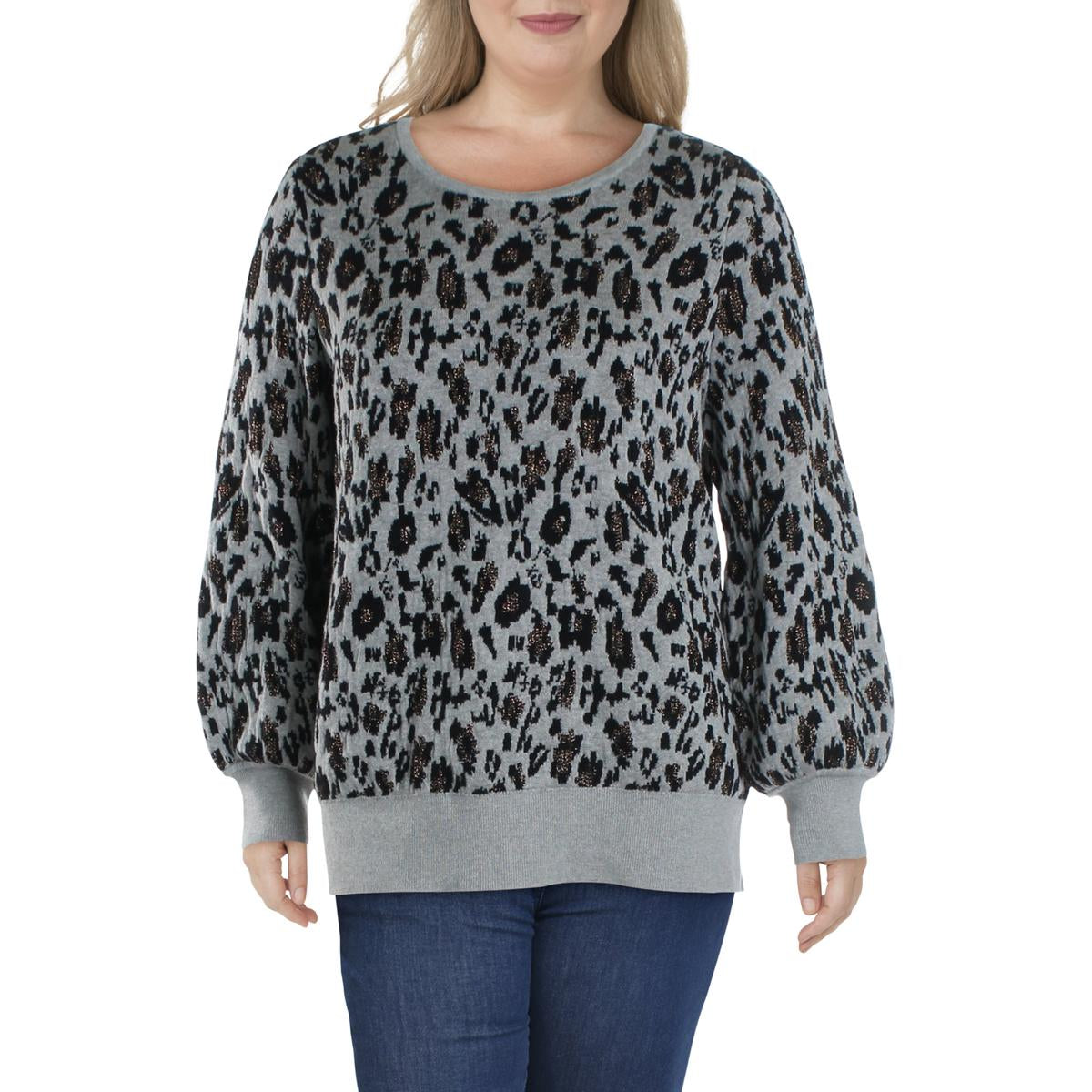 Plus Womens Metallic Animal Print Pullover Sweater