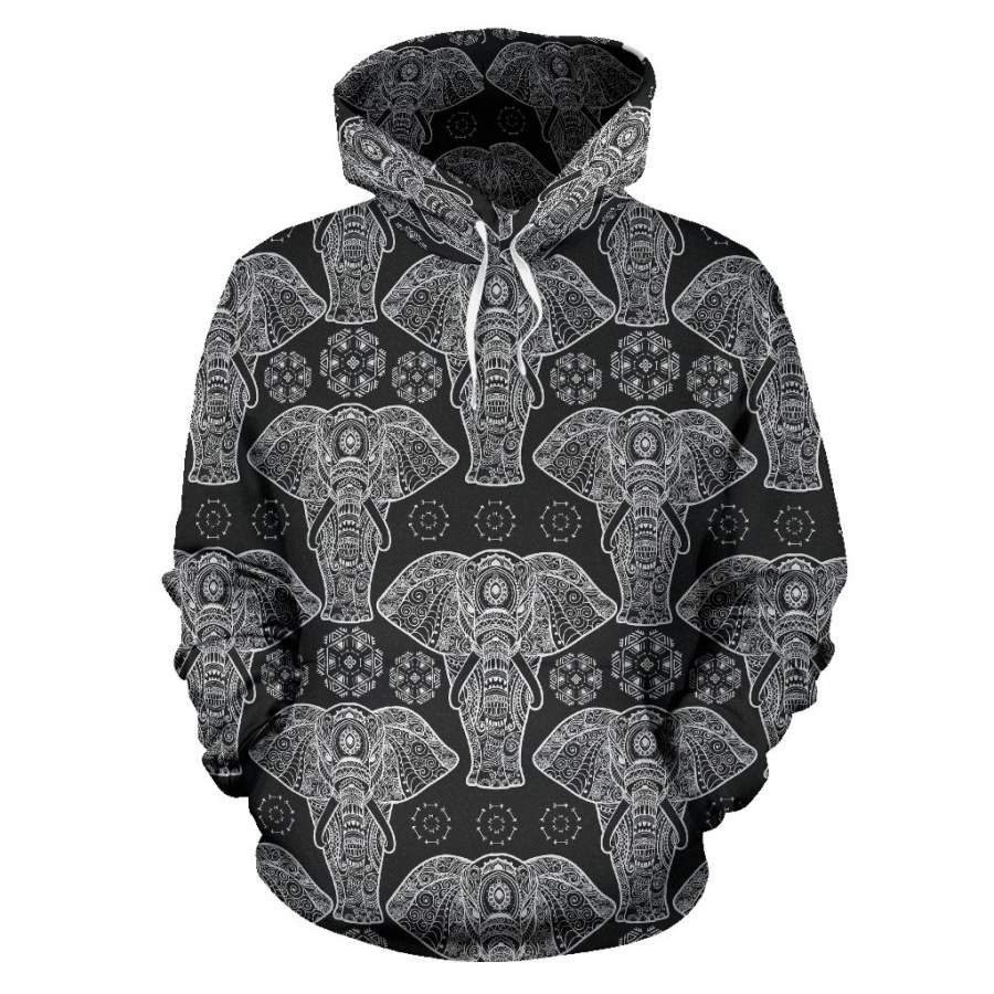 Black Elephant Mandala Print Women Men All Over Graphic Hoodie