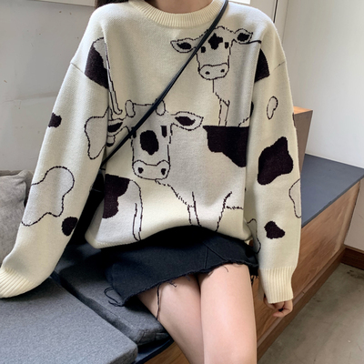 Vintage Casual Loose Lazy Cow Sweater Female Korean Harajuku Women’s Sweaters Japanese Kawaii Cute Ulzzang Clothing For Women alx