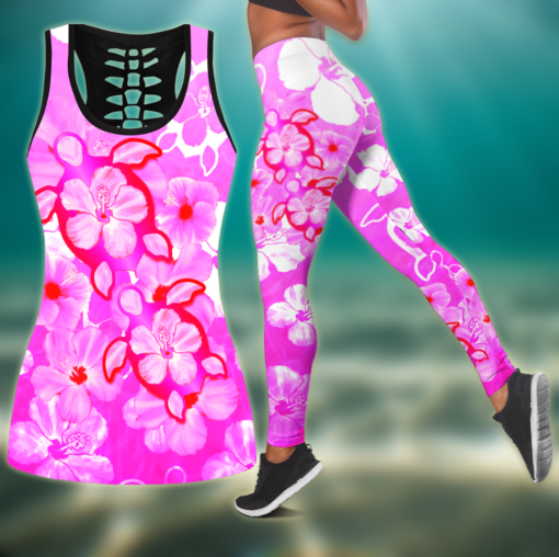 Pink Hibiscus Turtles In Hawaiian Dream Sea Turtle Hollow Tanktop And Legging For Turtle Lovers, Gift For Her Gift For Turtle Lover Friend Tanktop And Legging, Animal Lovers