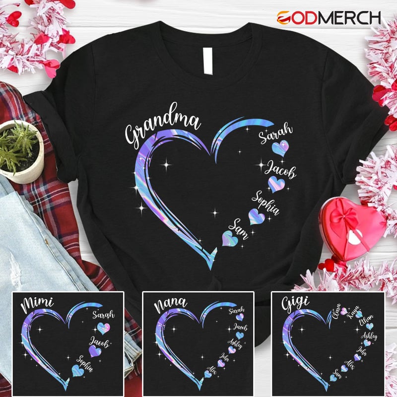 Personalized Hologram Grandma Hearts Grandkids Names, Best Shirt Gift For Mother’S Day