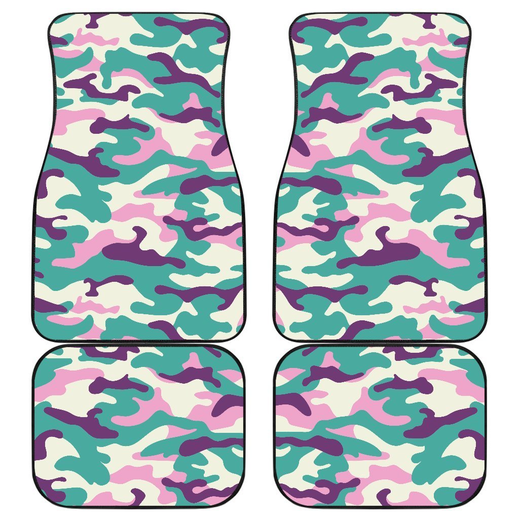 Pastel Teal And Purple Camouflage Print Front And Back Car Floor Mats, Front Car Mat