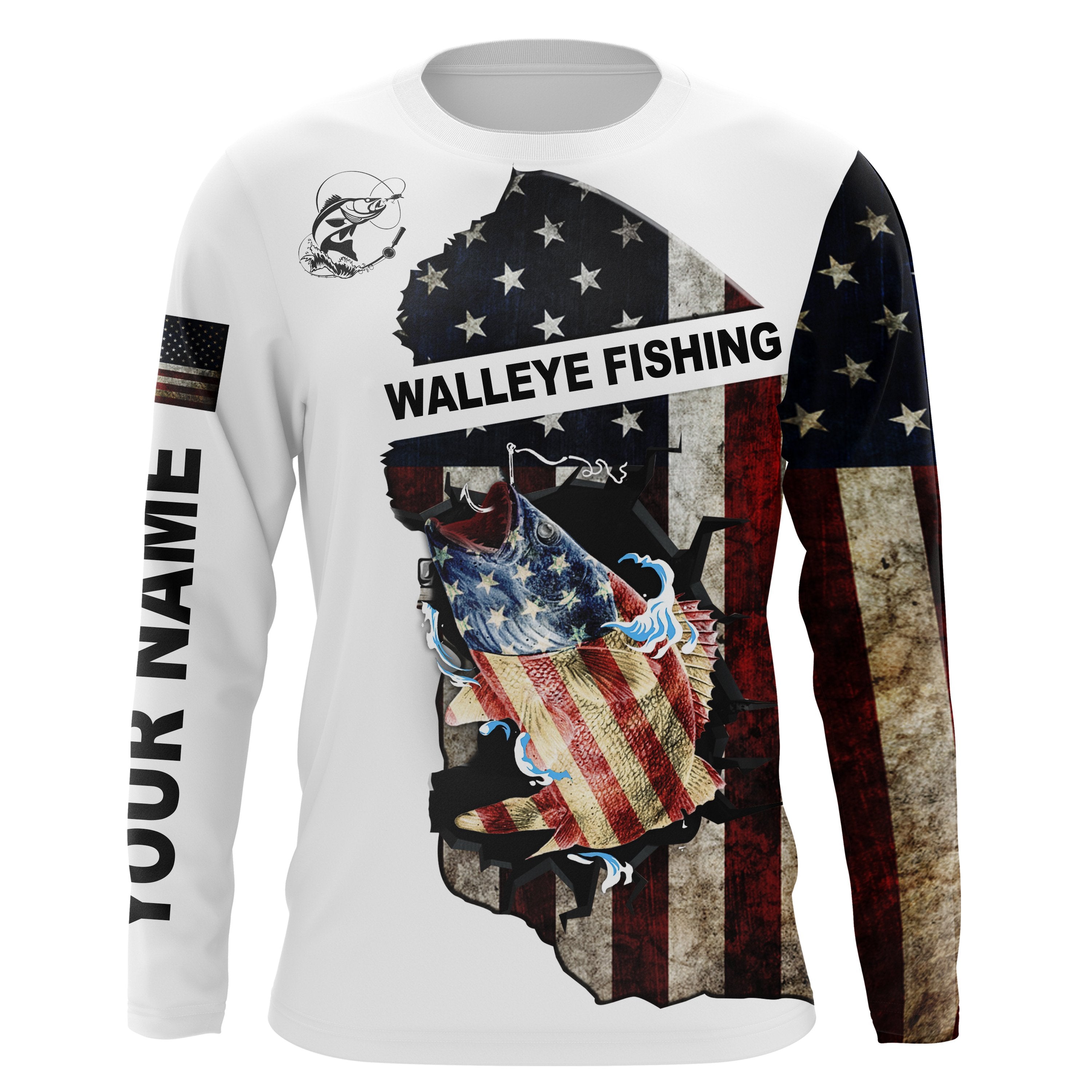 American Flag Walleye Patriotic Fishing Uv Long Sleeve Shirts Custom Name Upf 30+ Fishing Apparel For Men, Women And Kid – Nqs2513