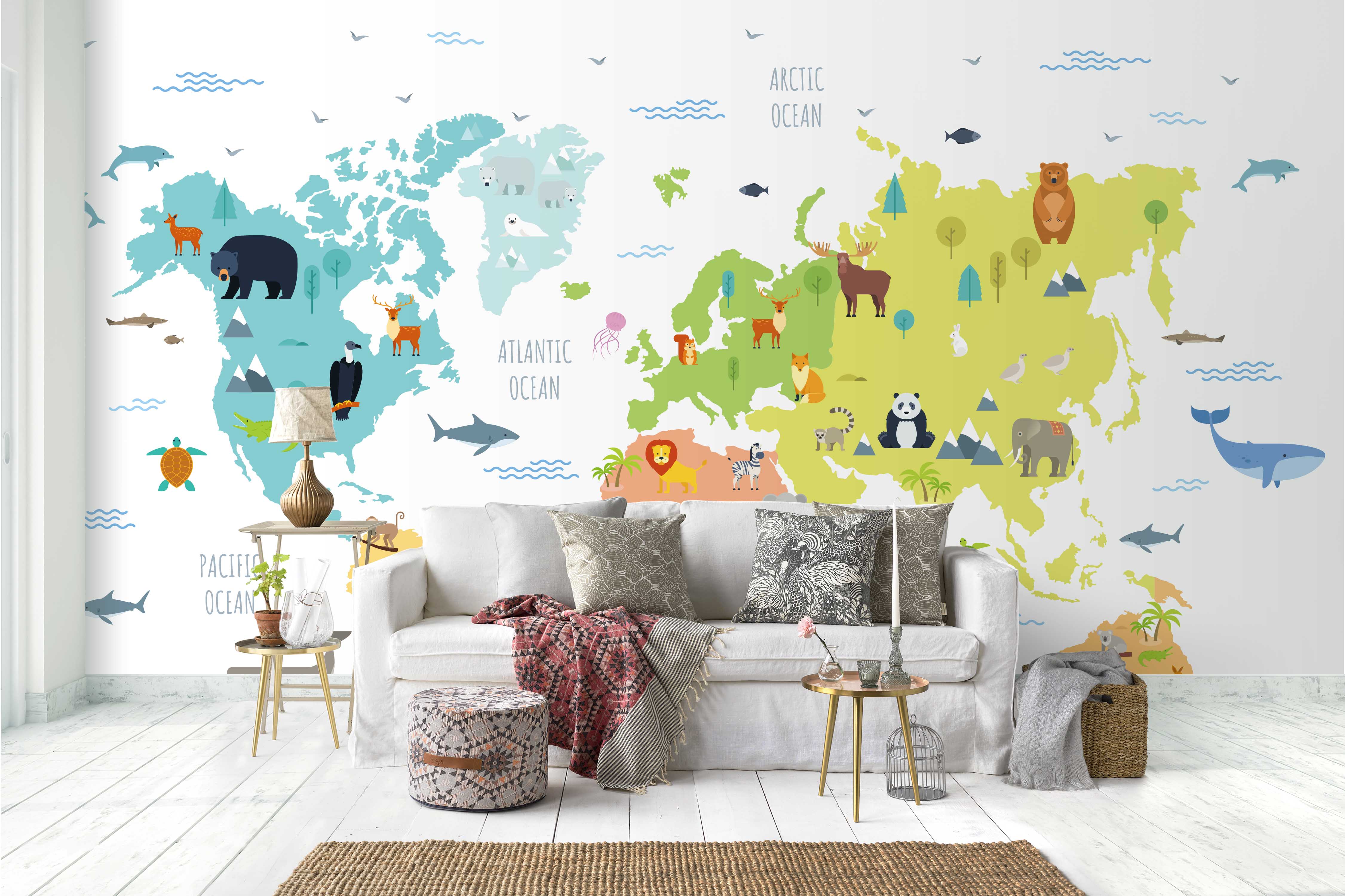 3D World Animals Map Wall Mural Wallpaper 03