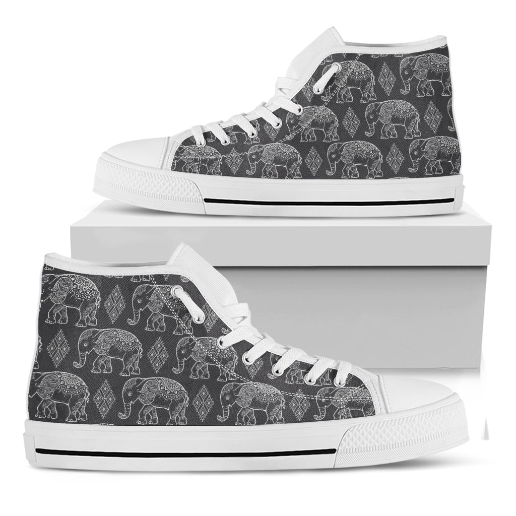 White And Grey Indian Elephant Print White High Top Shoes