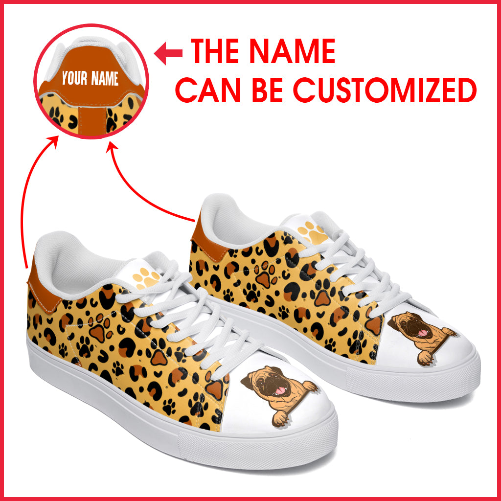 Pug Dog Lover Shoes Pattern Leopard Leather Sneaker – Personalized Custom – Best Gift For Dog Mom