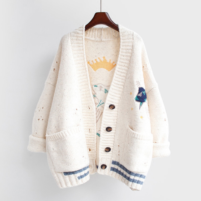 2022 autumn and winter new Korean version of Harajuku loose and elegant Y2K ladies cardigan sweater cartoon embroidery jacket alx