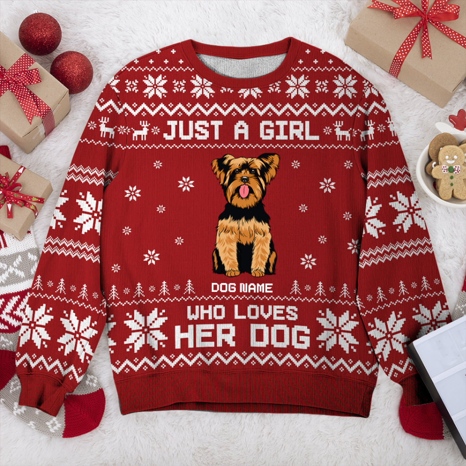 Yorkshire Terrier Just A Girl Personalized Sweater, Dog Ugly Christmas Sweater