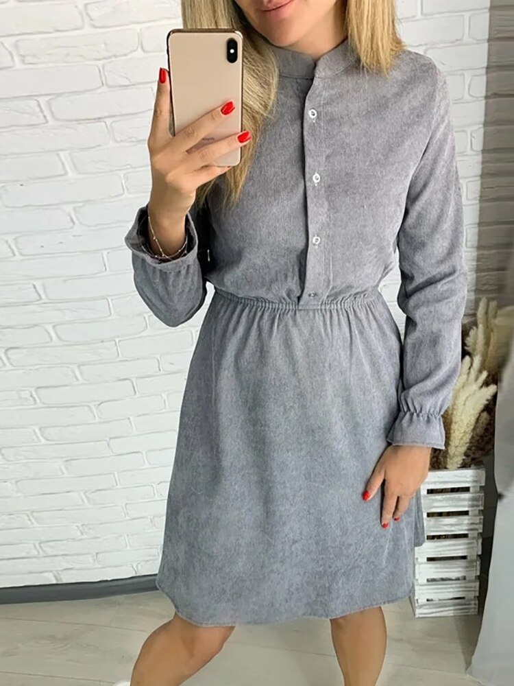 Women Corduroy Long Sleeve Dress Casual Pink A- Line Mini Party Dress Elegant Fashion Spring Autumn Solid Basic Dress 2022 alx