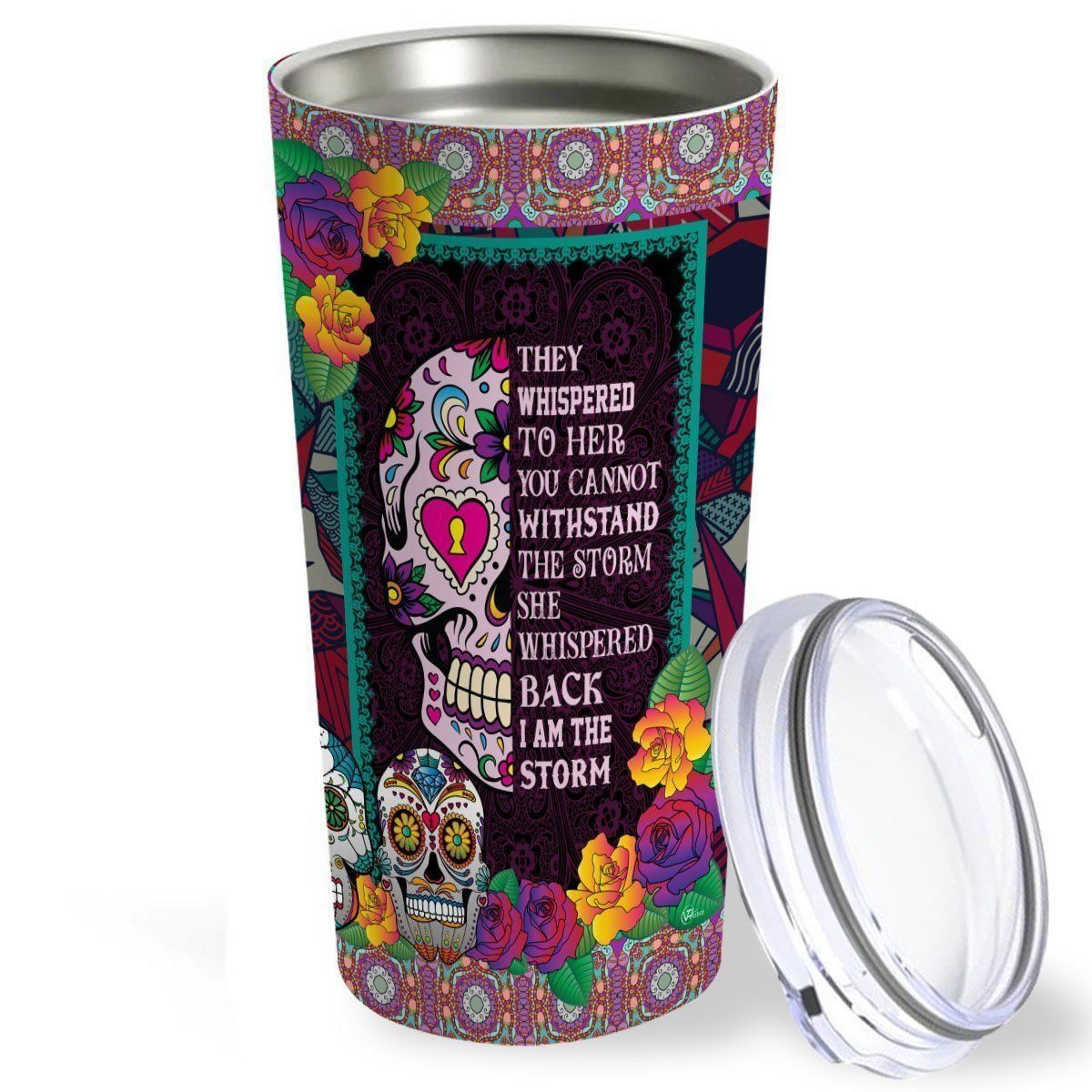 Sugar Candy Skull I Am The Storm Catrina Calaveras Mexico Day Of The Dead Personalized Name Stainless Steel Stainless Steel Tumbler Customize Name, Text, Number Dgidm