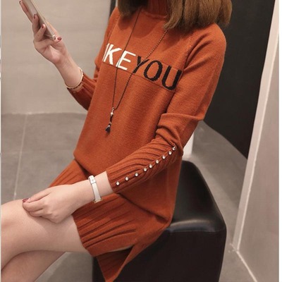 Autumn Winter Femme Women Knit Sweater Pullover Half Turtleneck Long Sleeve Bead Mid-length Warm New Jumper Sweater Z582 alx