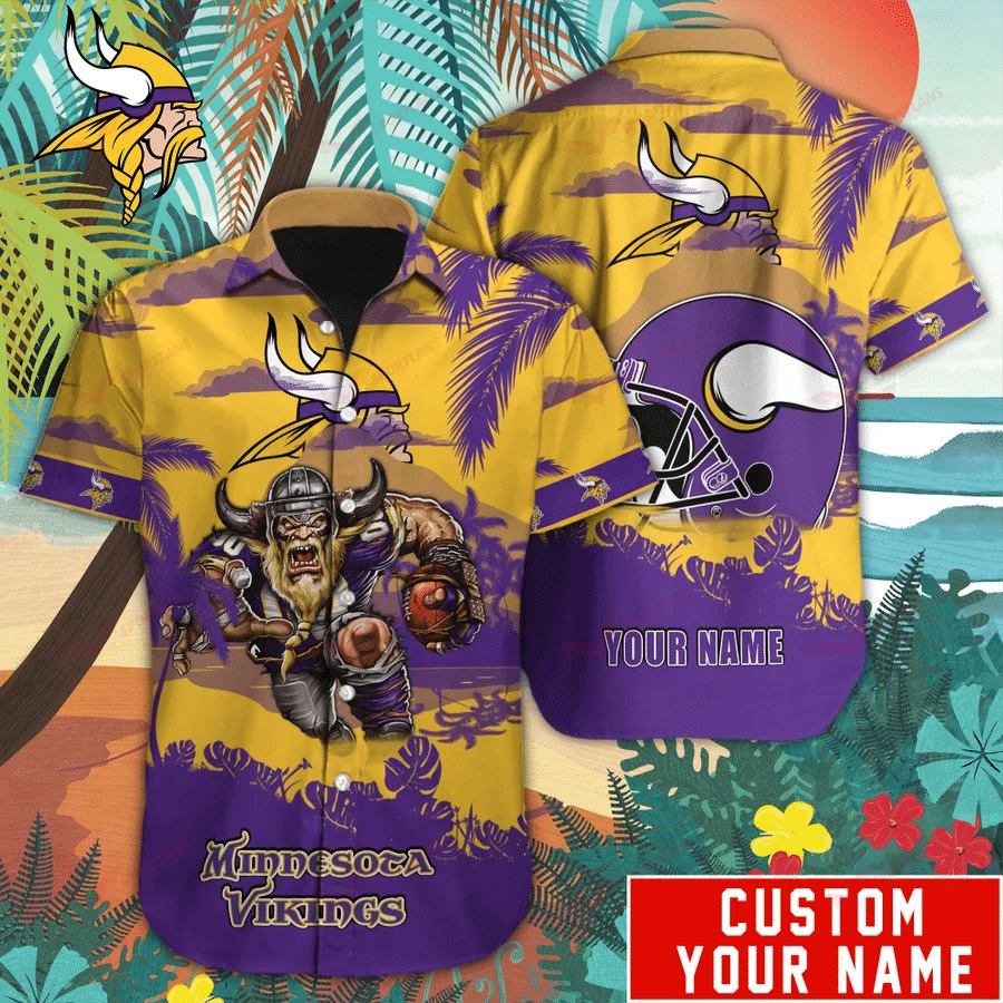 Minnesota Vikings Mascot Button Up Hawaiian Shirt Custom Name