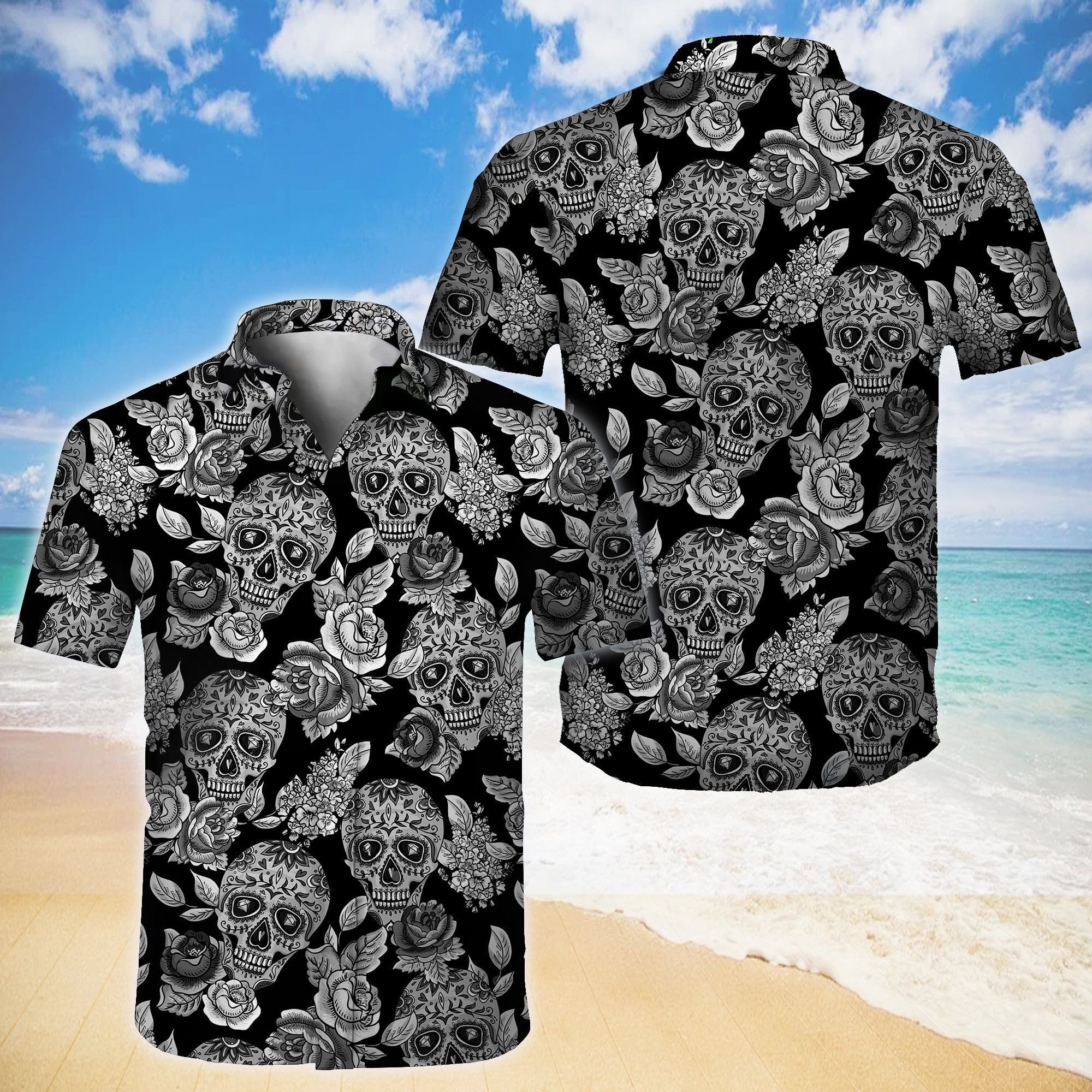 Skull Tropical Hawaii Ii Graphic Print Short Sleeve Hawaii Casual Shirt Ha32804