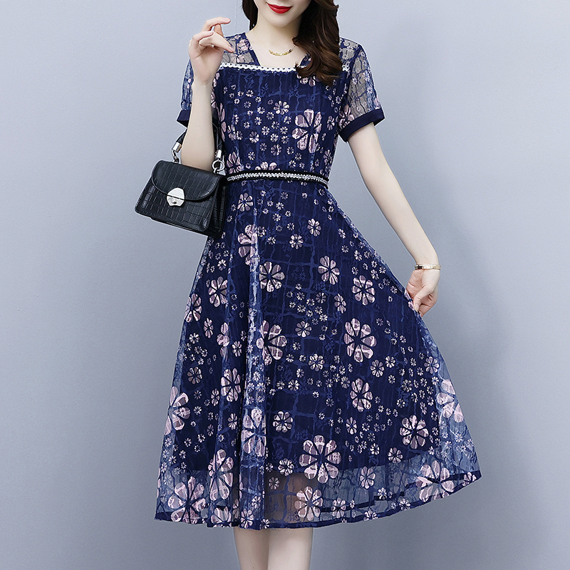 Summer Women Floral Embroidered Lace Dress Elegant Office Ladies Short Sleeve Work Party Long Dress Midi Robe Vestidos alx