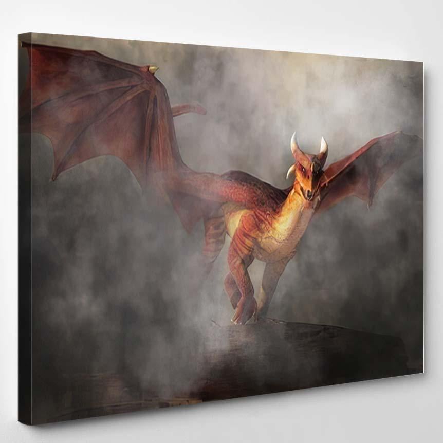 Red Dragon Emerges Fog Smoke Monster – Dragon Animals Canvas Print