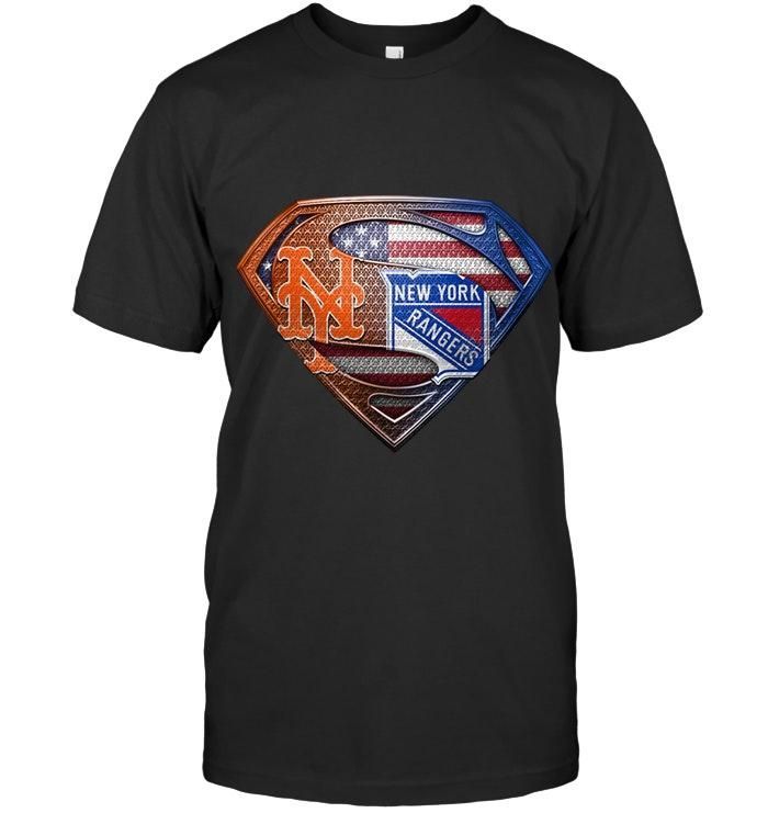 New York Mets And New York Rangers Superman American Flag Layer T-Shirt