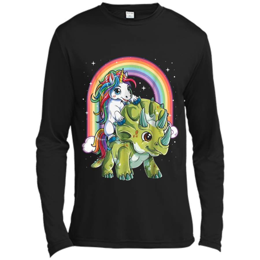 Unicorn Riding Dinosaur Triceratops Party Rainbow Long Sleeve Moisture Absorbing Shirt