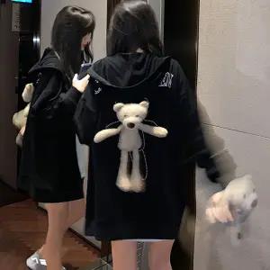 Women Hoodie With Doll Bear Animal Pullover Kawaii Sweatshirt Tops Cute Outerwear Pink Black Couple Harajuku Punk Hoodie Girls alx