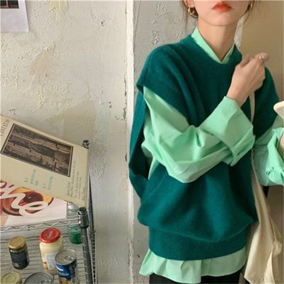 2021 Women Sweater Vest Solid Green O-neck Korean Style Knitted Warm Fashion Daily Leisure All-match Students H1416 alx