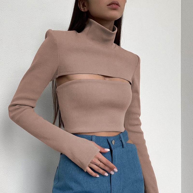 Solid Women’s sweater Sexy Short Pullover y2k tops Turtleneck Hollow out Winter Warm knit soft Long Sleeve Tight Basic Top women alx