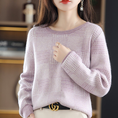 Autumn and Winter 2022 New 100% Wool Cashmere Sweater Women’s O Neck Pullover Casual Color Contrast Women’s Jacket Knitted Top alx