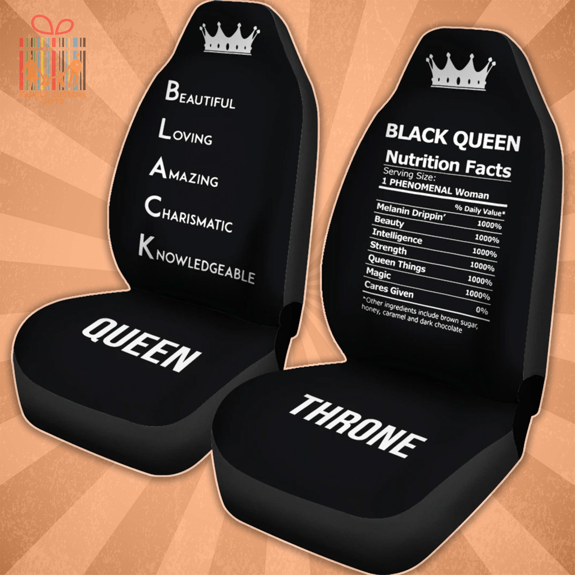 Custom Car Seat Cover Funny Black Queen Nutritional Facts Seat Covers For Cars