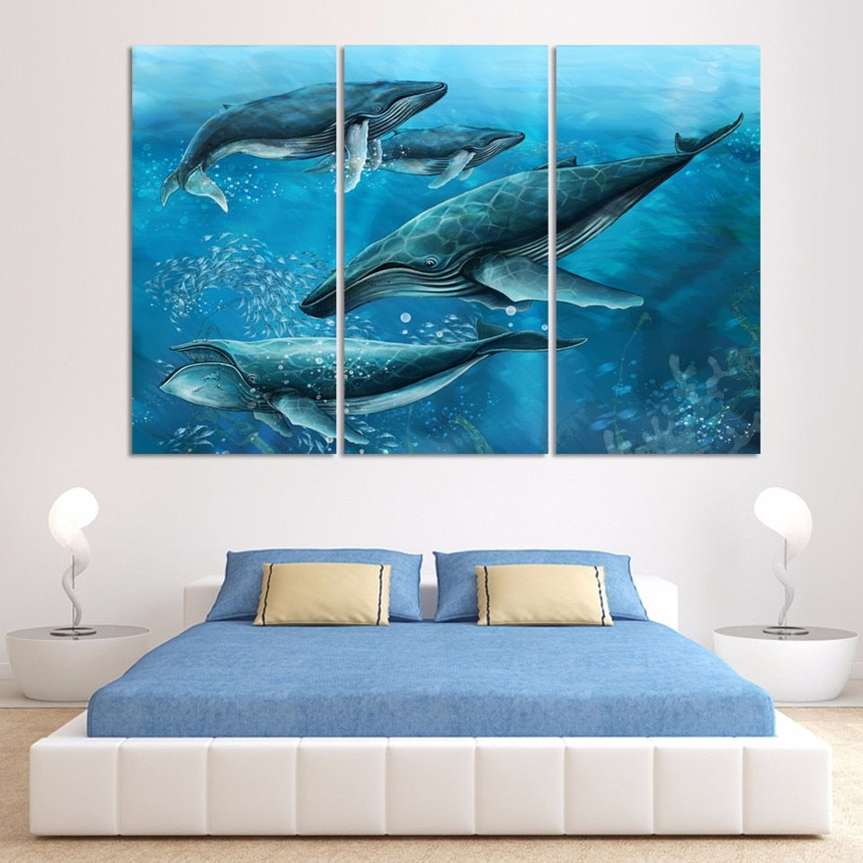 Blue Whales Seascape 3 Piece Hd Multi Panel Canvas Wall Art Frame