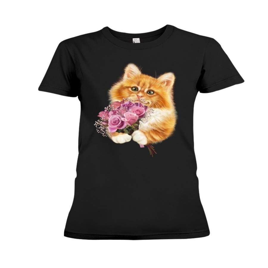 Cute Kitten With Roses T-Shirt Ladies Tee