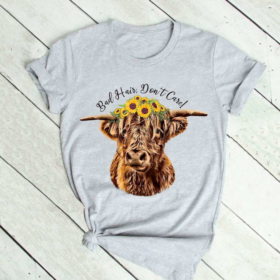 Bad Hair Don’t Care Funny Scottish Highland Cow T-Shirt