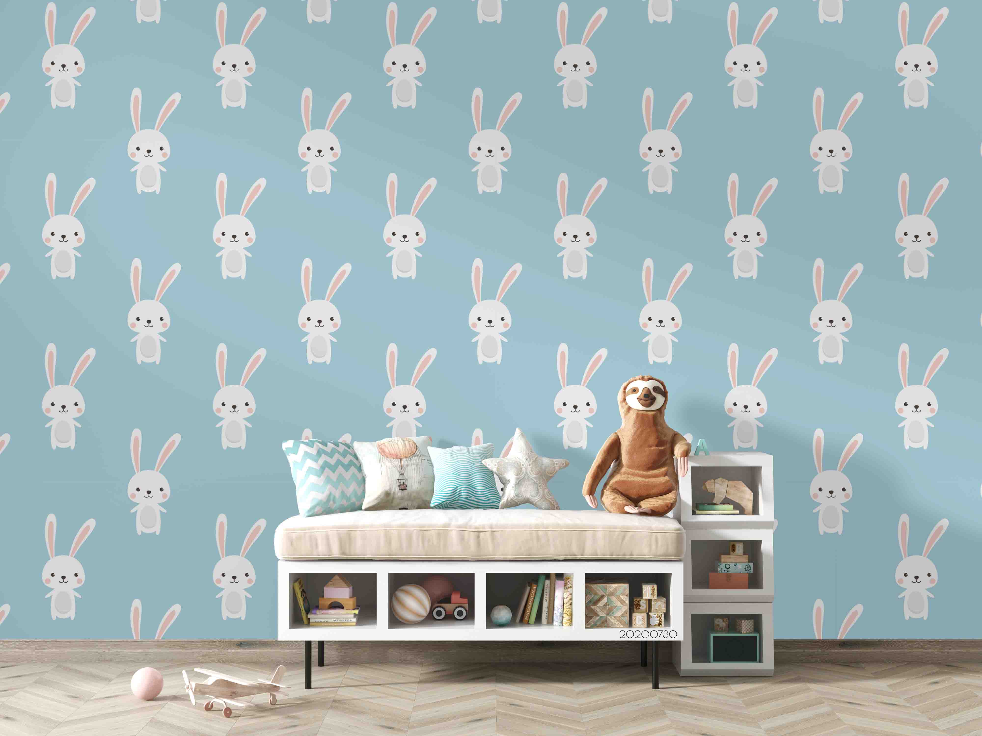 3D Cartoon Cute Rabbit Blue Wall Mural Wallpaper Lxl 325