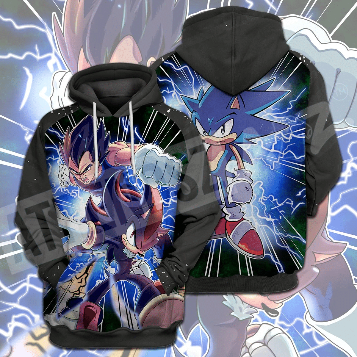 Sonic The Hedgehog T-Shirt Sonic Vegeta Crossover Dragon Ball Black T-Shirt Hoodie Adult Full Print