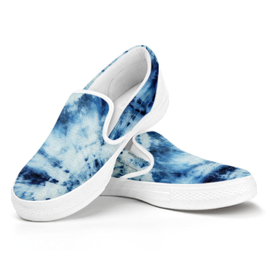 White And Blue Tie Dye Print White Slip On Shoes