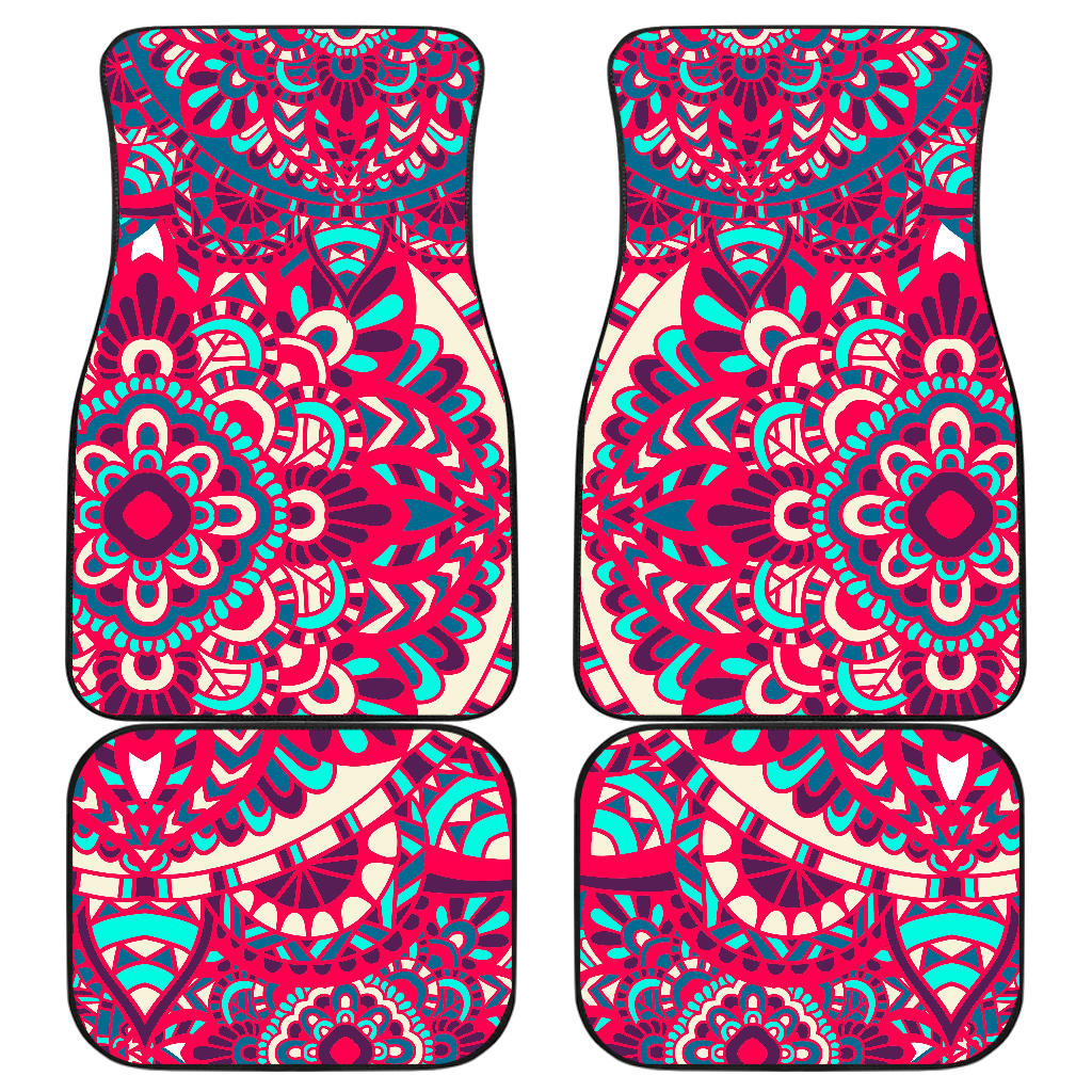 Pink Teal Bohemian Mandala Pattern Print Front And Back Car Floor Mats, Front Car Mat