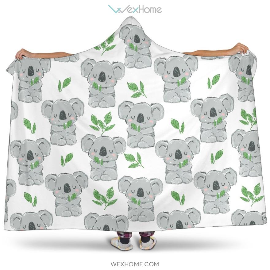 Hand Drawn Koala Leaves Pattern Hooded Blanket