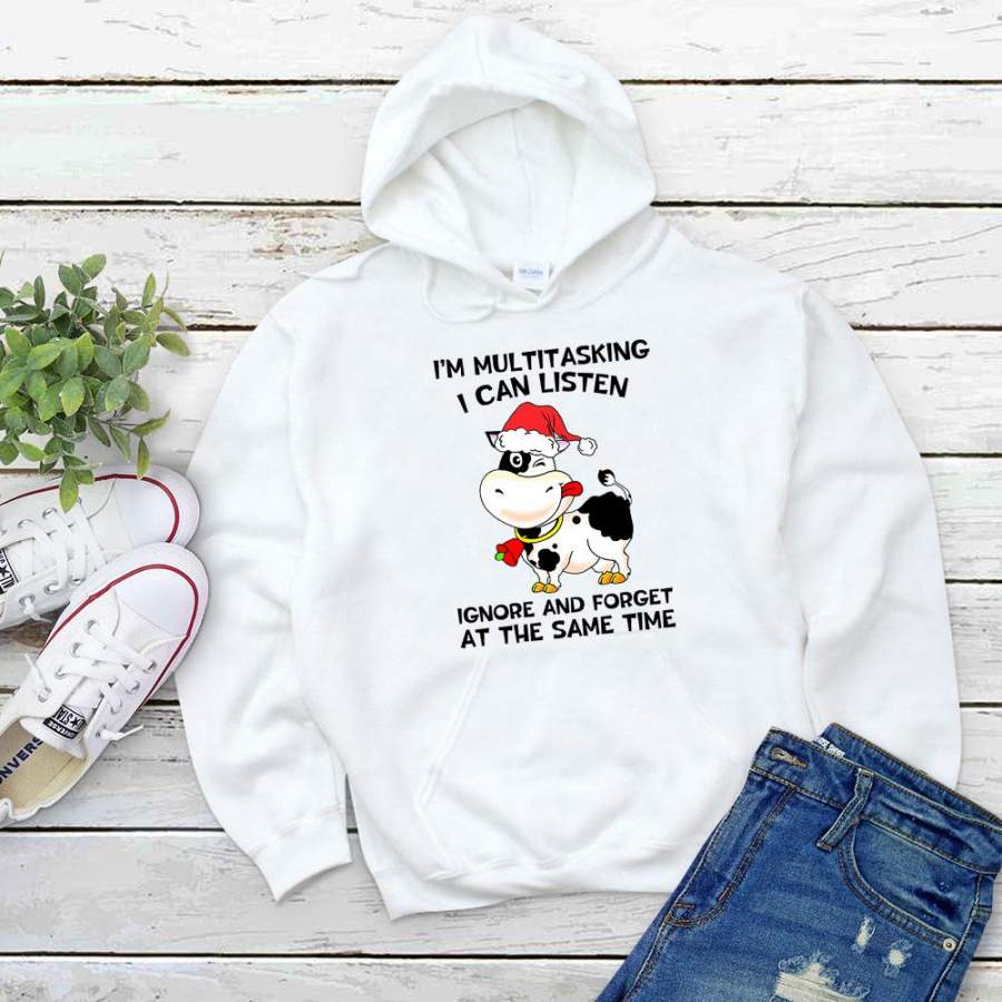 Christmas funny cow farm i can listen ignore forget at the same time santa hat happy gift white hoodie for men and women S-5XL