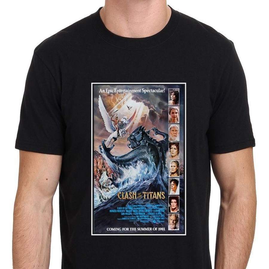 Clash of the Titans 80s Vintage Movie Poster Mens Black T-shirt Size S-3XL Summer Short Sleeve Tops