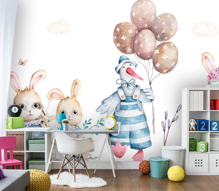 3D Cartoon Animal Rabbit Balloon Wall Mural Wallpaper Sf467