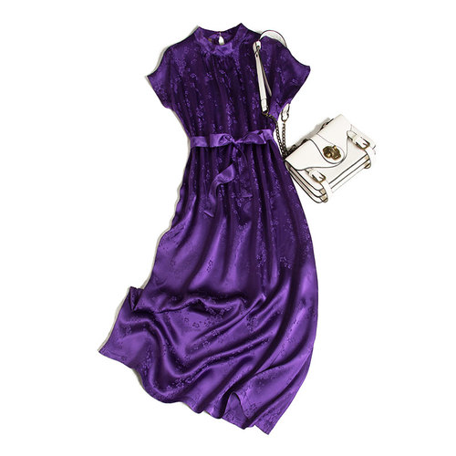 2022 Women’s Fashion New Dress Deep Purple Plum Blossom Belt Silk Dress Off Shoulder Sleeve Women’s Party Senior Dress alx