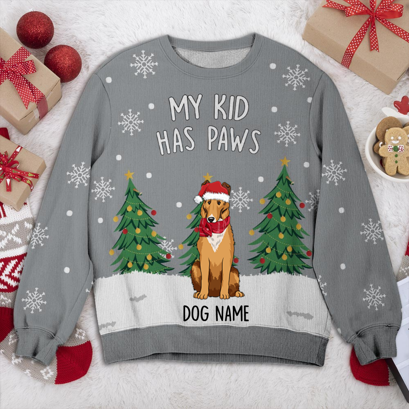 Smooth Collie My Kid Has Paws Personalized Sweater, Dog Ugly Christmas Sweater