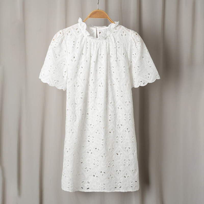 2022 Summer New French Niche Retro Stand Collar Ruffled Hollow Embroidery White Cotton Slim Fit A-Line Dress Short Dress alx