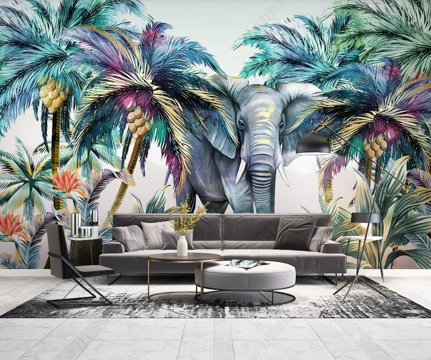 3D Tropical Coconut Tree Animal Elephant Wall Mural Wallpaper Lqh 62