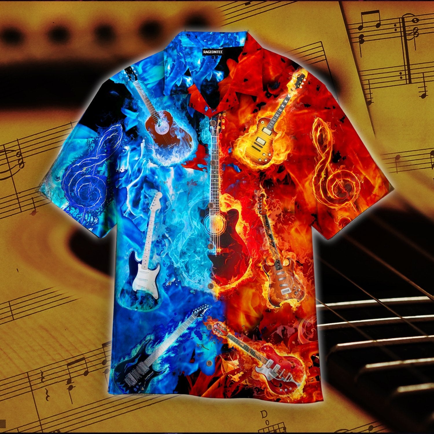 Fire And Water Guitar Hawaii Unisex Print Aloha Short Sleeve Casual Shirt Ha26013